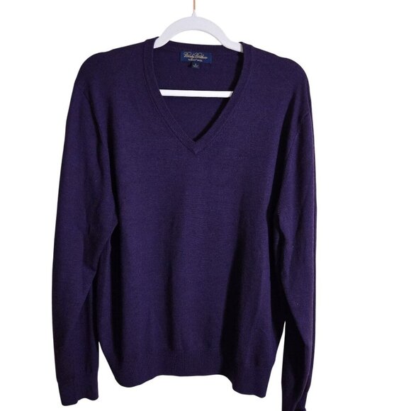 Brooks Brothers 100% SaxXon Wool Plum V Neck Pullover Sweater Size L - Picture 1 of 5
